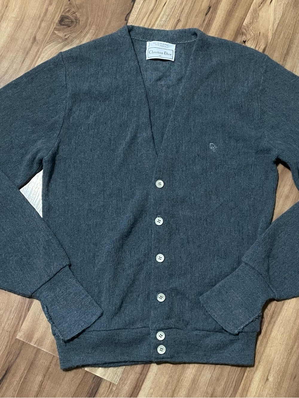 VTG Christian Dior Gray Knit V-Neck Cardigan Sweater Embroidered Logo Unisex M